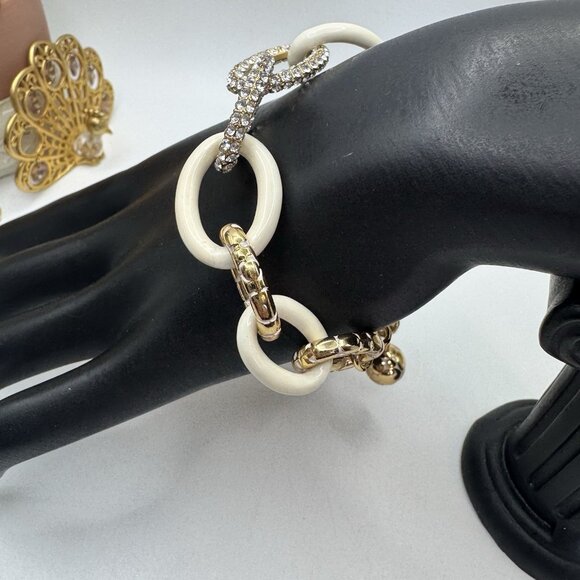 Brighton Gold-tone White Enamel Rhinestone Large Link Chain Bracelet Adjustable - Picture 5 of 9